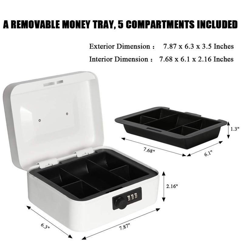 Jssmst Medium Cash Box with Combination Lock - Durable Metal Cash Box with Money Tray White,7.87 x 6.3 x 3.35 inches, SM-CB07005M - Image 3